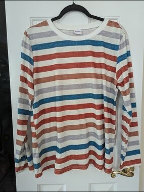 Striped Long-Sleeve Women's Top in Cream, Rust & Blue